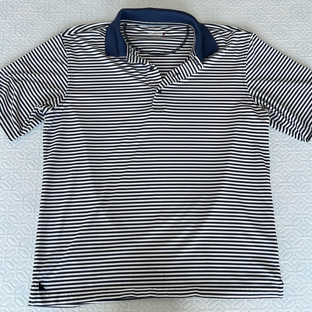 UNTUCKit Men’s Medium Navy Blue/White Stripe Golf/Polo Shirt Athletic Material